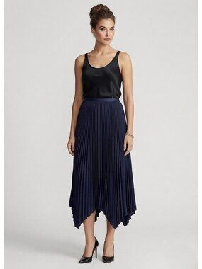 NWT Polo Ralph Lauren Pleated Georgette Handkerchief Midi Skirt in Navy 12